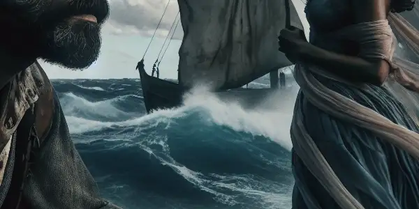 A rugged fisherman gazes at an enigmatic woman on a desolate, windswept island under a moody sky.