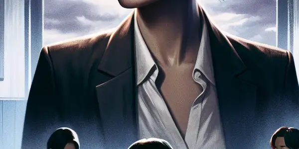 A determined female teacher in a dimly lit classroom surrounded by whispering students, hinting at hidden secrets.