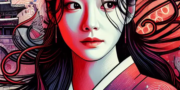 Lee Chae-tan in a dramatic pose, surrounded by elements from her iconic films, blending urban and traditional Korean themes.