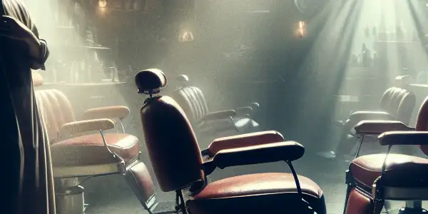 A dimly lit barber shop with a mysterious figure, vintage tools, and an unsettling atmosphere.