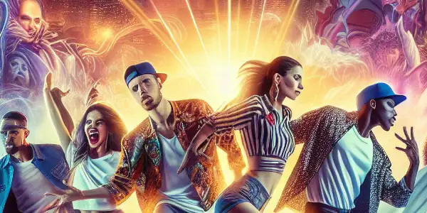 A diverse group of dancers performs an energetic street dance routine in a vibrant urban setting at dusk.