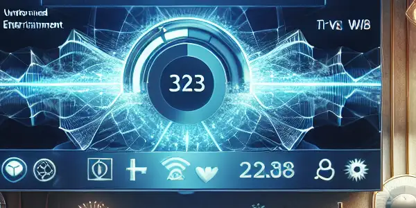 A modern living room showcasing a high-tech adult entertainment setup with a vibrant TV interface and cozy atmosphere.