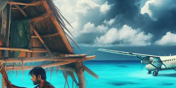 A lone survivor builds a shelter on a deserted tropical beach after a plane crash, surrounded by ocean and wreckage.