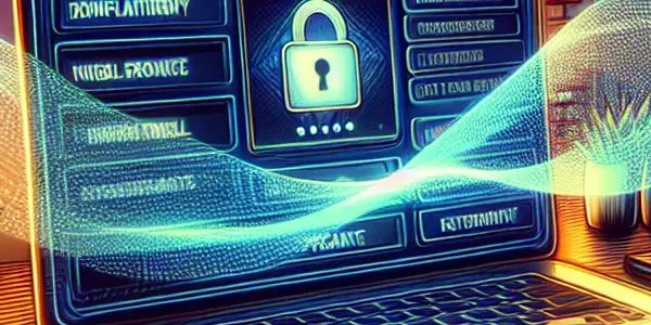 A cozy home office with a computer displaying a safe adult film streaming interface and privacy symbols.