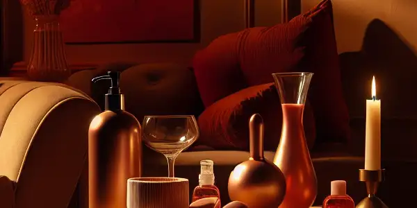 A serene, intimate room setting with warm colors, plush cushions, and subtle hints of sensuality for adult relaxation.