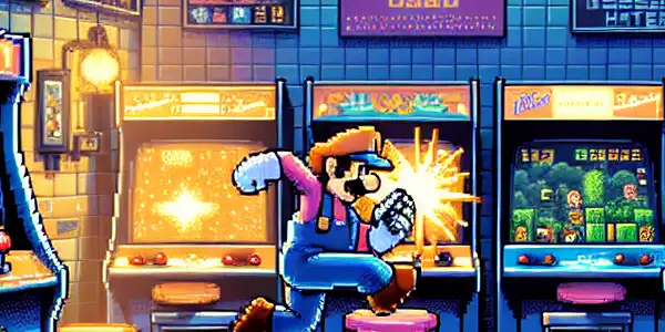 A nostalgic arcade scene featuring iconic video game characters, colorful cabinets, and vibrant neon lights.