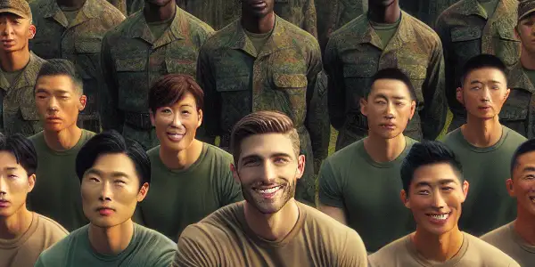 Young soldiers in Taiwanese military uniforms training and bonding in a scenic camp, reflecting camaraderie and cultural pride.