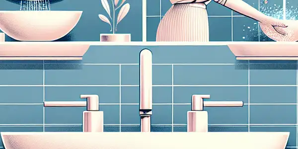 A tranquil bathroom scene illustrating a step-by-step adult cleaning process with natural lighting and greenery.<a href=