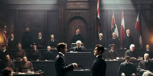 A tense courtroom confrontation between an Allied prosecutor and a Japanese defendant during the Tokyo War Crimes Tribunal of 1946.