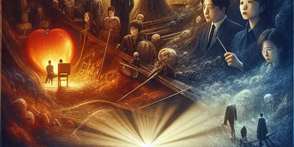 A dimly lit cinema filled with diverse spectators, reflecting on themes of love and betrayal in South Korean ethical films.<a href=