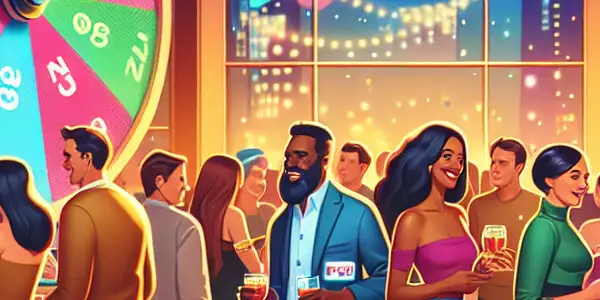A lively lottery event featuring diverse adults celebrating with a colorful raffle wheel and festive decorations.