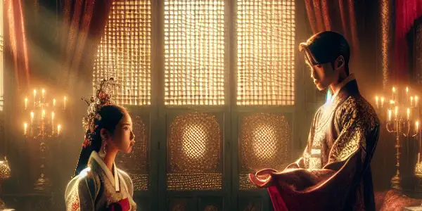 A noblewoman and nobleman share an intense gaze in a dimly lit traditional Korean palace room.