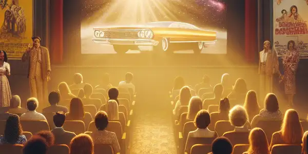 A nostalgic 1960s-70s movie theater scene with vintage moviegoers, iconic film displays, and a cozy atmosphere.