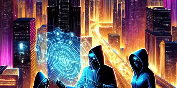 A group of stylish thieves strategizes a heist in a neon-lit futuristic city at night.