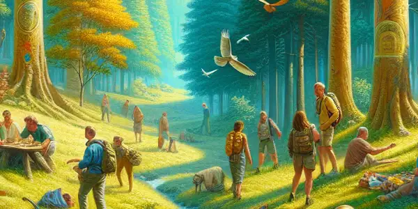 A lively outdoor scene with adults hiking, picnicking, and relaxing by a river in a sunlit forest.