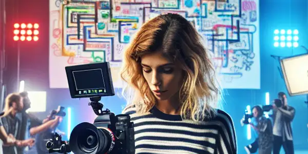 A vibrant film set scene with a filmmaker adjusting a camera, surrounded by diverse team members and filmmaking equipment.