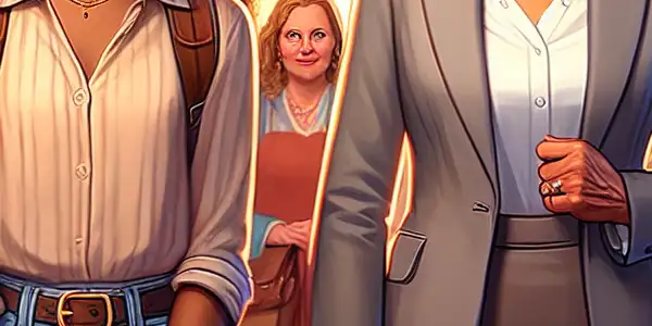 A young woman nervously prepares for an etiquette class alongside her encouraging teacher in a bustling city street.