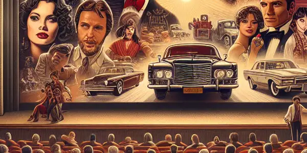 A vintage cinema scene with an engaged audience watching classic adult films from the 1970s, surrounded by nostalgic decor.