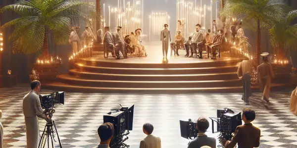 A vibrant film set showcasing a diverse cast and crew passionately creating Japanese adult films amidst lush decorations.