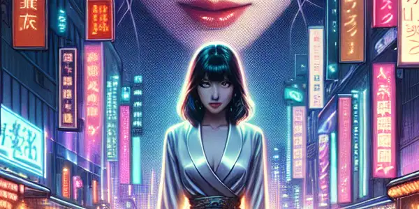 A vibrant urban night scene featuring a confident female lead, neon lights, and themes of romance and drama.