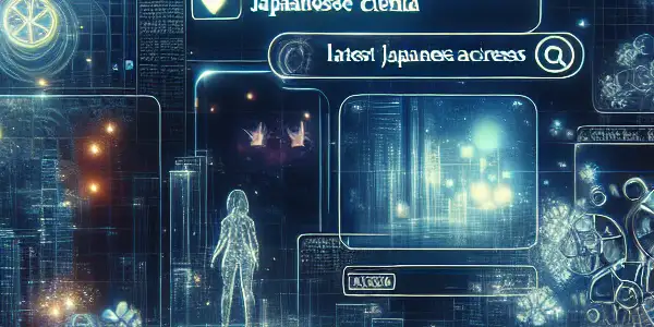 A futuristic digital landscape featuring a glowing screen with adult film keywords and abstract film representations.