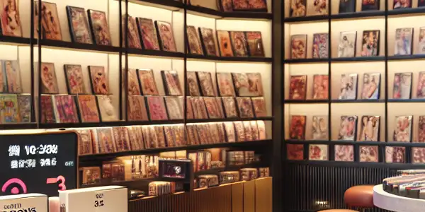 A vibrant adult entertainment store interior featuring diverse customers exploring stylish toys, films, and digital media.