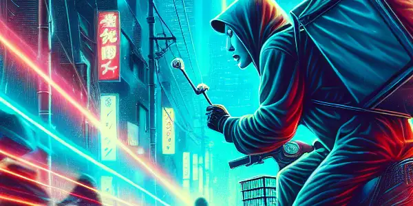 A Japanese delivery worker navigating a vibrant, neon-lit urban setting at night, embodying excitement and allure.