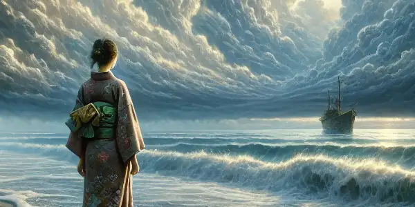 A Japanese woman in a kimono stands alone on a desolate beach, reflecting on her lost homeland during WWII.