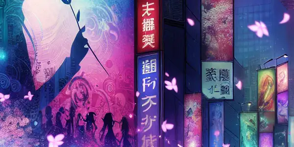 A vibrant, neon-lit urban scene capturing the allure of Japanese adult film culture with cherry blossoms and silhouettes.