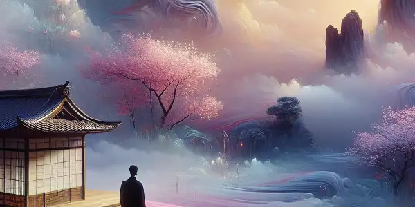 A serene cherry blossom garden with a lone figure, symbolizing introspection and emotional depth in a traditional Japanese setting.