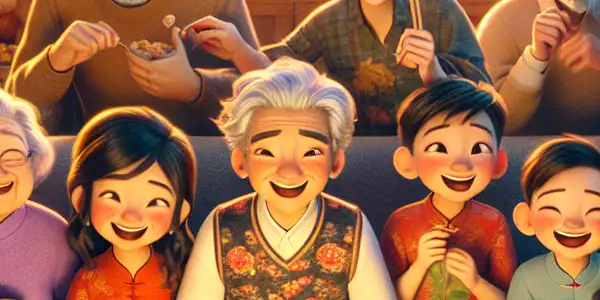 A joyful family gathering during Chinese New Year, enjoying a movie night filled with festive decorations and traditional foods.