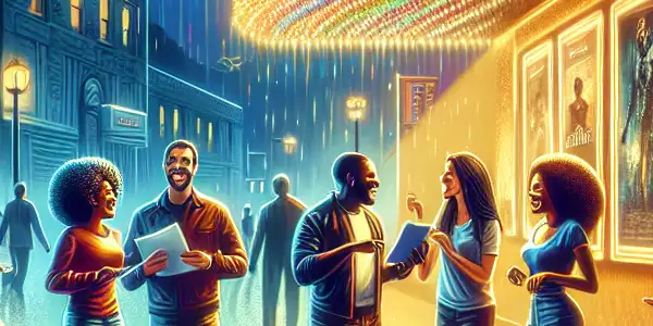 A lively movie theater scene with diverse filmgoers discussing 2023 films and vibrant posters around them.