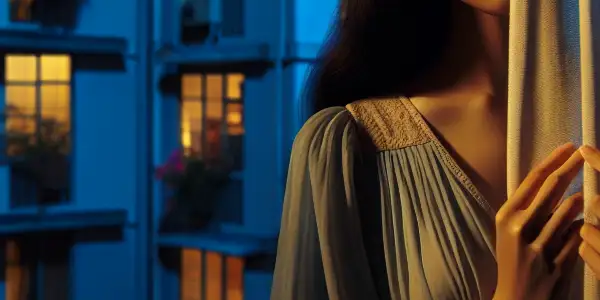 A young woman in a flowing dress peers from a curtain in a dimly lit apartment, hinting at suspense and romance.