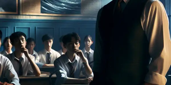 A mysterious teacher stands in a dimly lit classroom, surrounded by curious students and an atmosphere of tension.