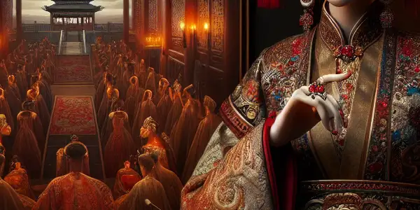 Empress Cixi in ornate Qing dynasty attire, surrounded by shadowy figures and a lavish palace, embodying power and intrigue.