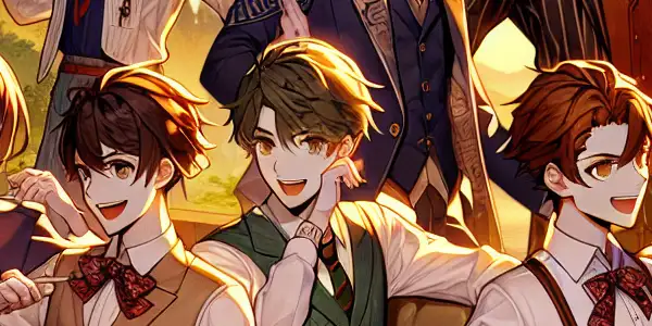 A vibrant outdoor scene depicting diverse characters in romantic and adventurous role-play scenarios amidst lush greenery and a sunset.