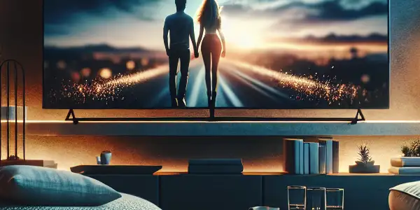 A modern living room with a large TV displaying a suggestive couple, surrounded by advanced tech for optimized streaming.