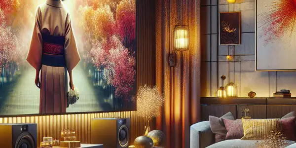 A cozy living room with a couple watching a Japanese AV film on a large TV, surrounded by snacks and drinks.