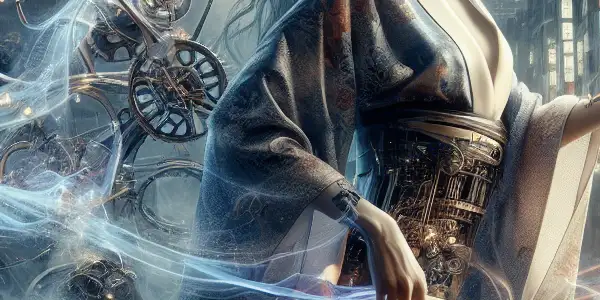 A strong character embodies fate and passion amidst a neon-lit Tokyo night, surrounded by symbolic elements.