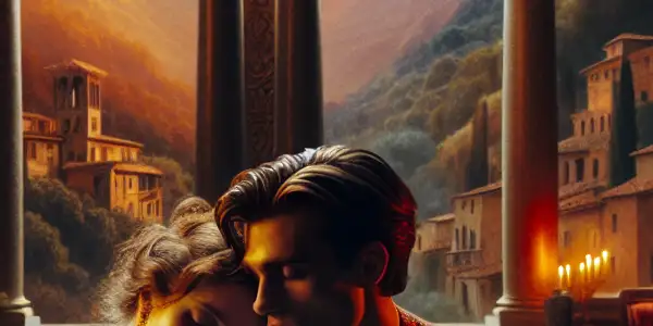 A passionate embrace between two characters in a luxurious Italian villa, highlighting desire and emotional connection.