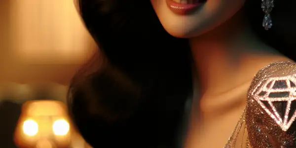 A glamorous Japanese adult film star in a luxurious, dimly lit room exuding confidence and allure.