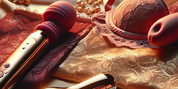 A sophisticated intimate setting featuring elegant adult toys, seductive lingerie, and romantic accents like candles and rose petals.