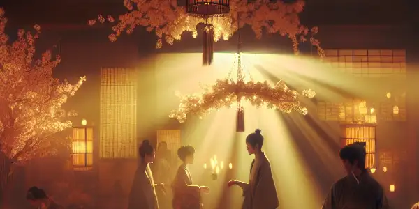 A dimly lit Japanese film set with actors expressing deep emotion amidst traditional decor and cherry blossom motifs.