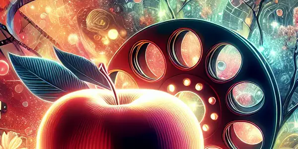 A vibrant, abstract representation of adult film allure, featuring a glowing apple, film reels, and Japanese cultural elements.
