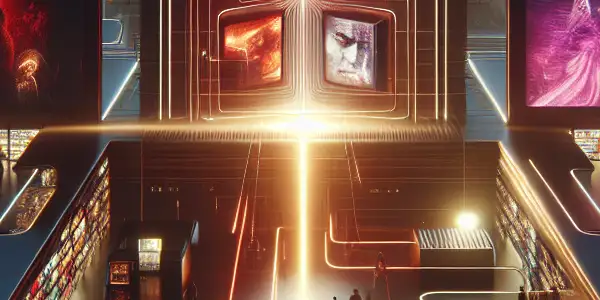 A high-tech distribution center for adult entertainment, featuring vibrant screens and silhouettes of individuals browsing digital content.