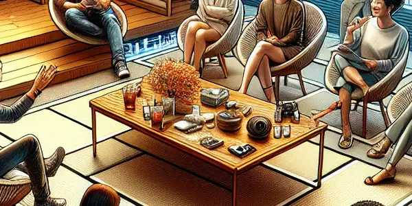 A lively gathering in a modern Japanese room, discussing adult entertainment and exploring Japanese AV culture.