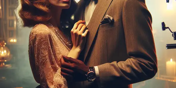 A romantic couple on a film set, conveying desire in an intimate, stylish environment with soft lighting and elegant decor.