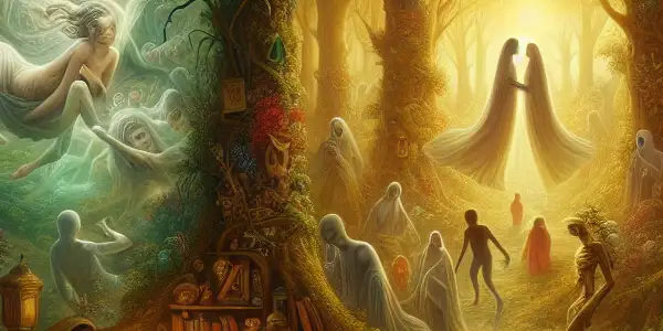 A couple shares an intimate moment in a lush, magical realist setting, surrounded by ghostly figures of their family's past.