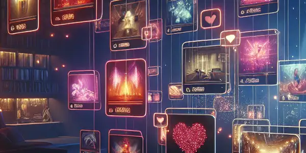 A futuristic digital cinema interface showcasing vibrant movie thumbnails in a cozy, modern home theater setting.