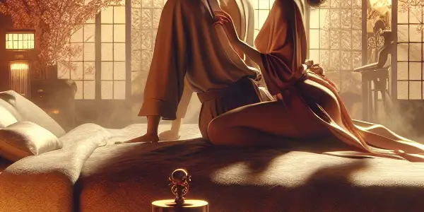 An intimate bedroom scene featuring two actors in a sensual pose, surrounded by elegant decor and soft lighting.